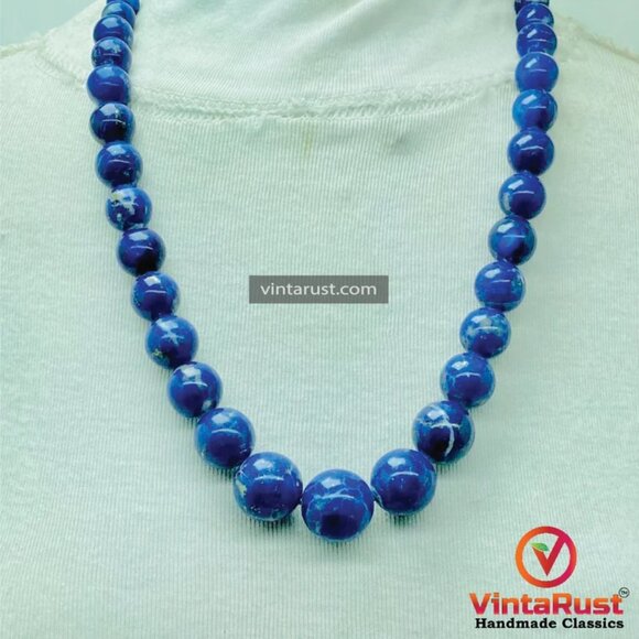 Lapis Lazuli Blue Bead Necklace, Vintage Lapis Stone Single Strand Graduated - Picture 2 of 10